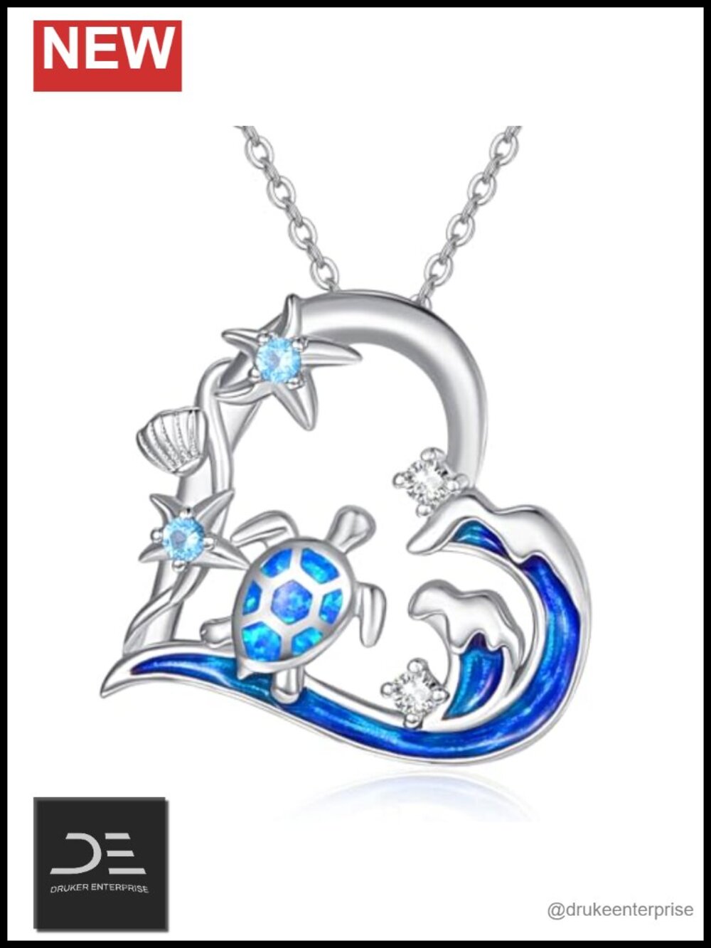 925 Sterling Silver Blue Opal Turtle Heart Pendant Necklace